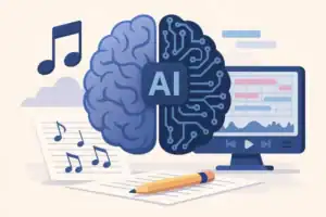 AI nella scrittura musicale: dal testo alla canzone nel mio processo creativo AI nella scrittura musicale: illustrazione di una persona che compone musica con l’aiuto dell’intelligenza artificiale