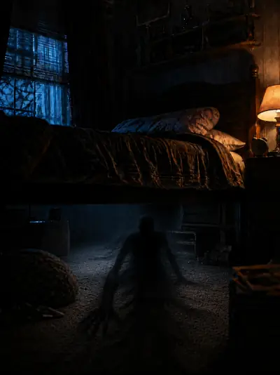 Figura d’ombra con forma umana che emerge da sotto un letto in una camera buia di notte