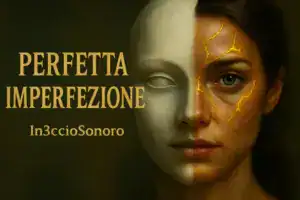 Perfetta Imperfezione: quando le crepe raccontano chi siamo Volto diviso a metà: da un lato statua bianca liscia, dall’altro volto umano con crepe dorate luminose, simbolo della fragilità che diventa forza.