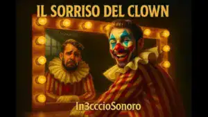 Copertina del brano "Il sorriso del clown" di In3ccioSonoro, clown con volto felice e riflesso triste allo specchio