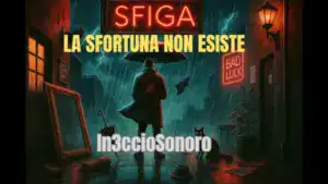 Copertina del brano "La Sfortuna Non Esiste" di In3ccioSonoro, persona con ombrello sotto pioggia e neon "sfiga"
