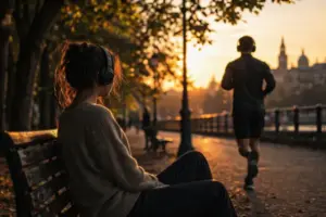 Pubblicare una canzone: cosa succede quando smette di essere solo tua Donna con cuffie ascolta musica su una panchina al tramonto: pubblicare una canzone significa lasciarla andare verso chi ascolta