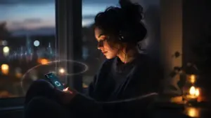 Donna con cuffie ascolta musica sullo smartphone con il simbolo del repeat
