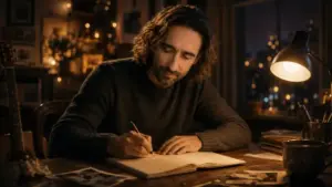 Come trovare ispirazione per scrivere una canzone quando non sai da dove partire Cantautore al tavolo cerca ispirazione tra appunti, ricordi e piccoli dettagli