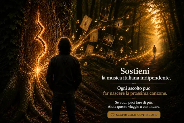 Illustrazione simbolica del progetto musicale indipendente In3ccioSonoro: un uomo osserva una crepa luminosa su un albero da cui nascono note musicali, idee ed emozioni.